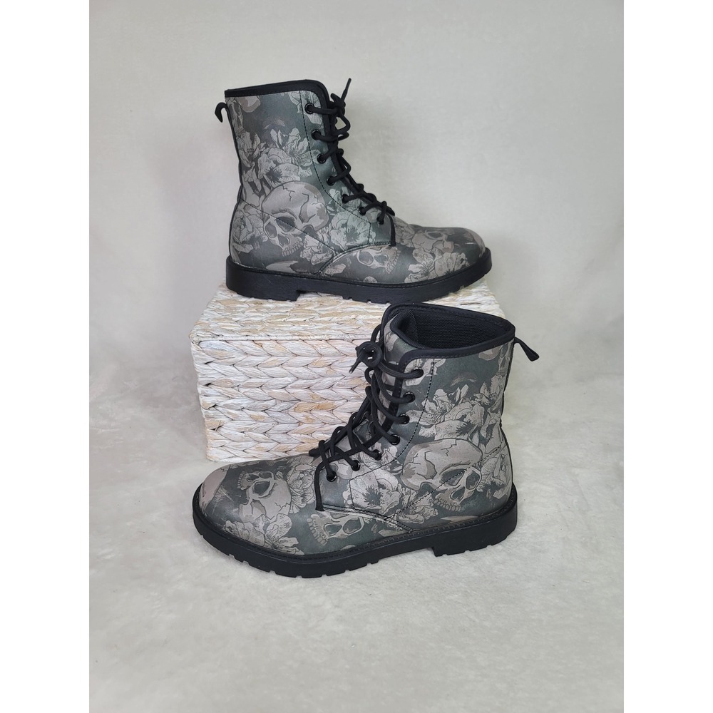 Whimsigoth Y2K Skull Floral Festival Combat Boots Whimsical Size 10 Edgy Witchy